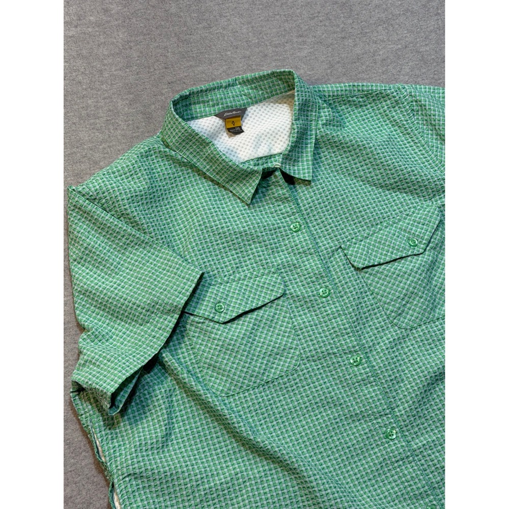 Eddie Bauer Womens 2XL Green Gingham Short Sleeve Hiking Trail Shirt Mesh Yoke